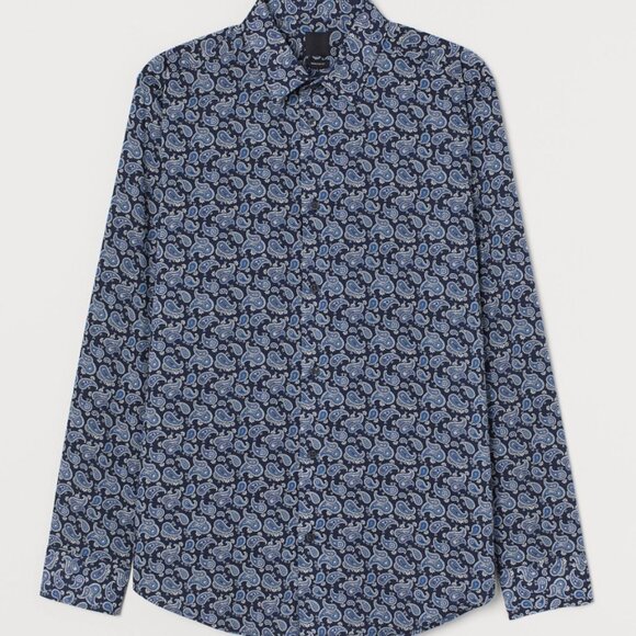 H&M Blue Paisley Long Sleeve Button-Up Regular Fit Shirt Men's Size L - Picture 1 of 5